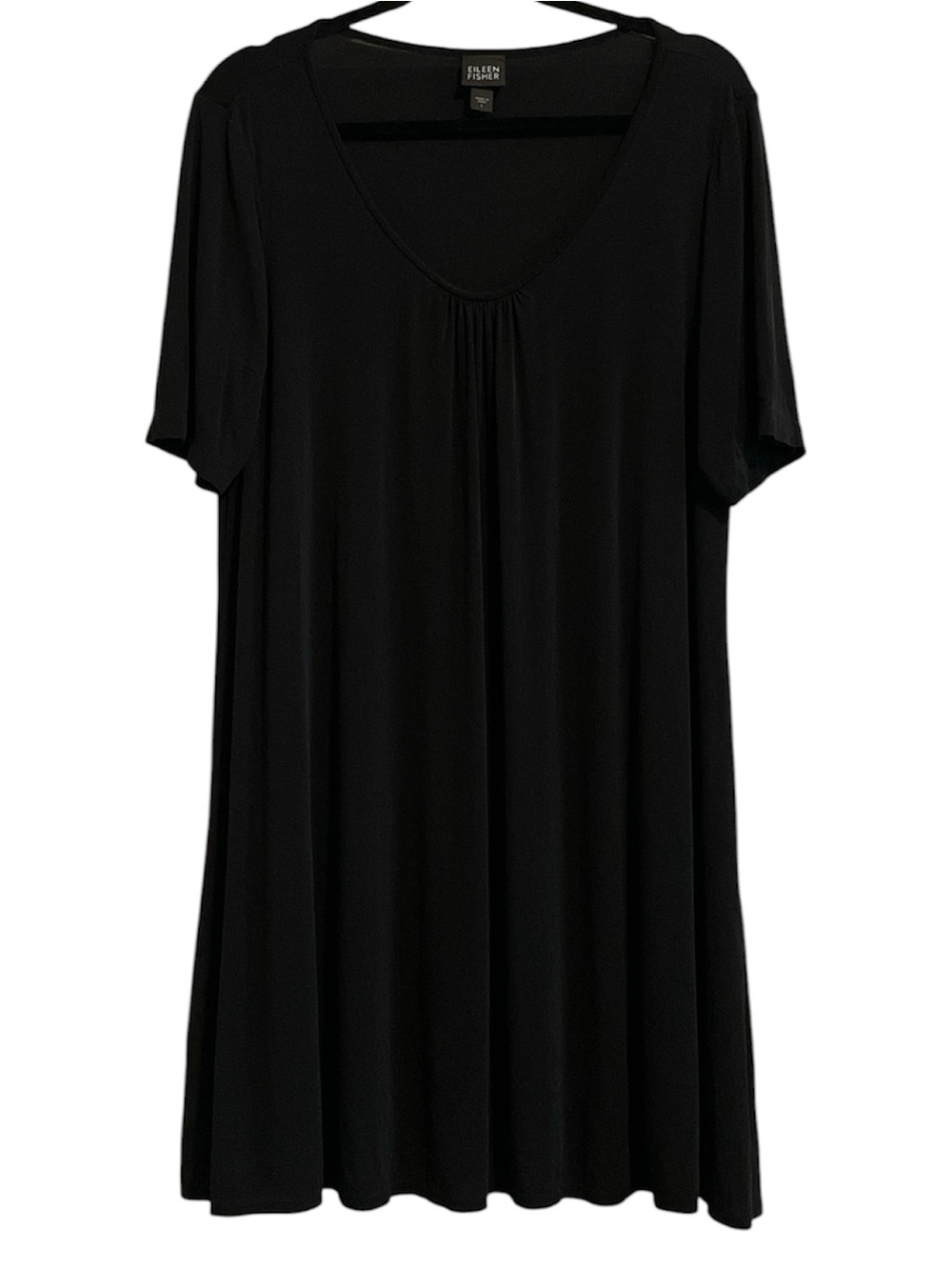 Eileen Fisher 100% Silk V-Neck Short Sleeve Shift Dress Black Women’s Large